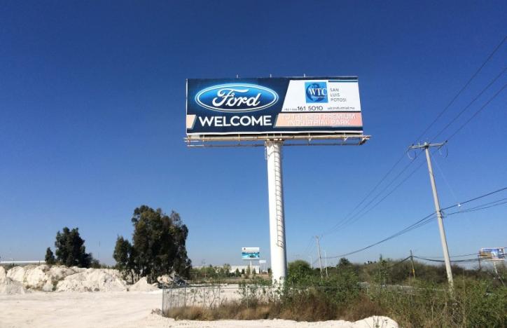 Billboard welcoming Ford Motor Co is seen at an industrial park in San Luis Potosi