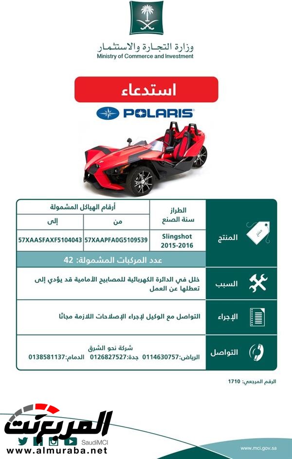 "وزارة التجارة" تعلن عن استدعاء 42 مركبة من نوع “Polaris Slingshot” موديلات (2015 – 2016) 2