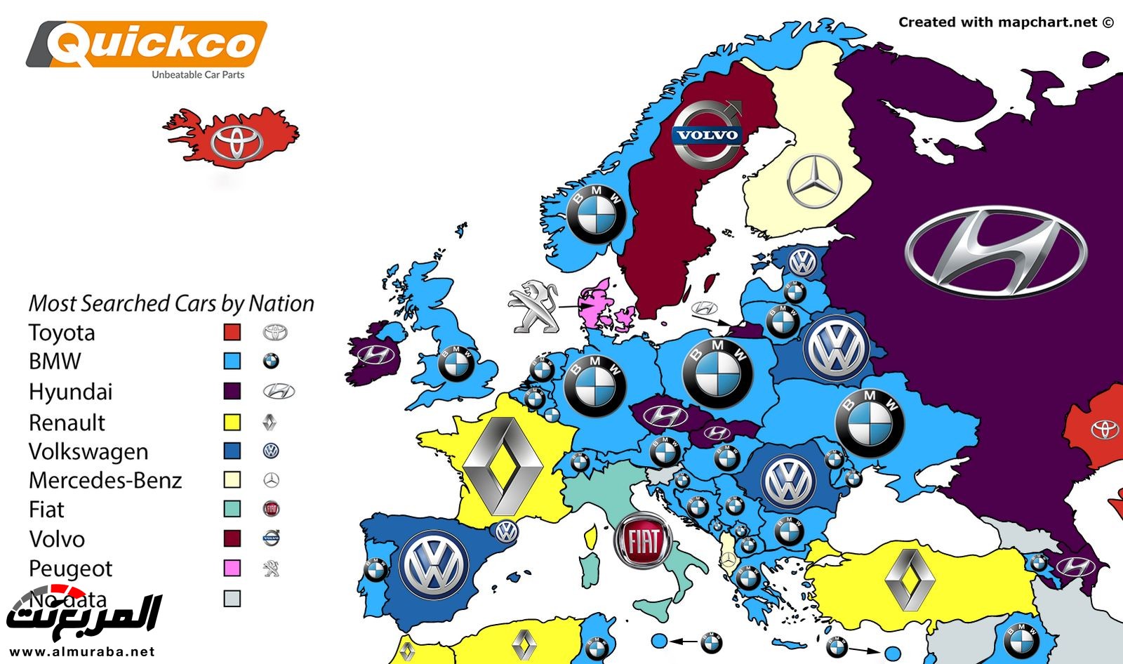 خارطة تبين أكثر علامات السيارات التجارية بحثا بدول العالم 2