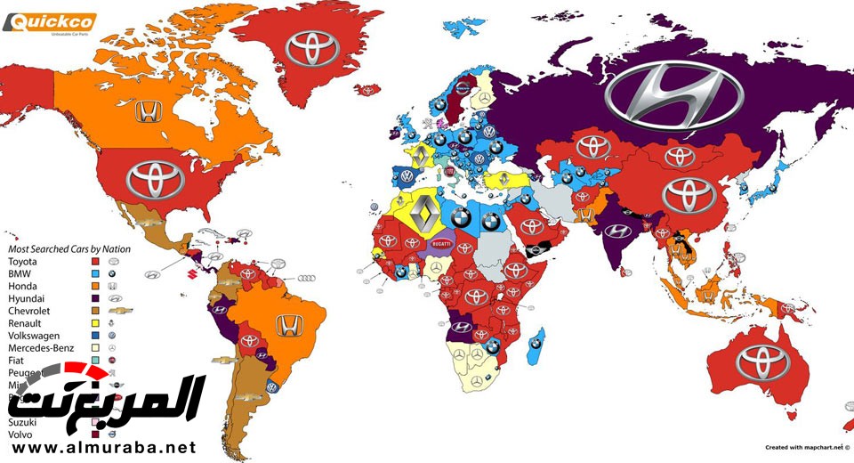 خارطة تبين أكثر علامات السيارات التجارية بحثا بدول العالم 9