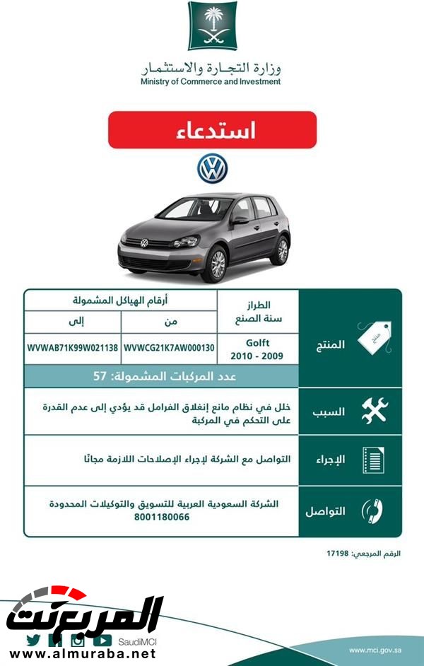 التجارة تعلن عن استدعاء مركبات فولكس فاجن من نوع "Scirocco - Golf - Eos" موديلات 2009/2010 1