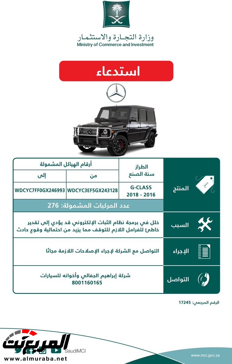 وزارة التجارة تعلن عن استدعاء 276 مرسيدس G-Class موديلات: 2016-2018 1