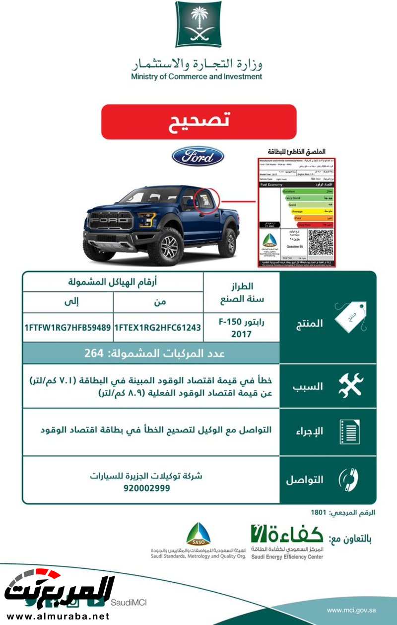 وزارة التجارة تعلن عن حملة تصحيح خطأ في بطاقة اقتصاد الوقود لهذه المركبة 1