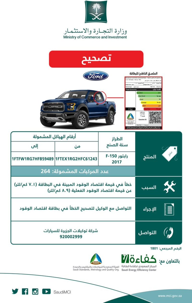 وزارة التجارة تعلن عن حملة تصحيح خطأ في بطاقة اقتصاد الوقود لهذه المركبة 6