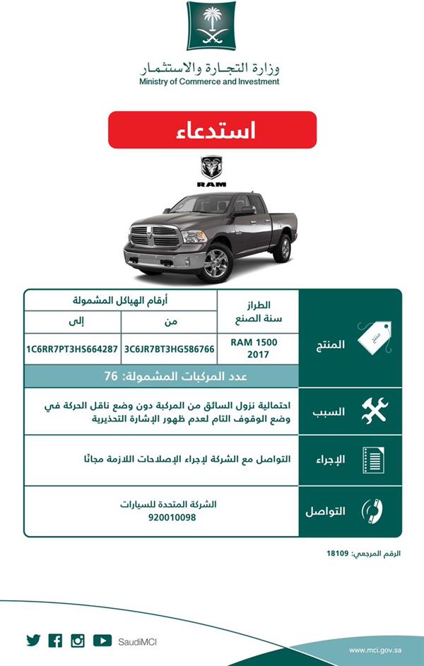 التجارة تستدعي 1510 سيارة دودج ورام وكرايسلر لخلل في ناقل الحركة 1