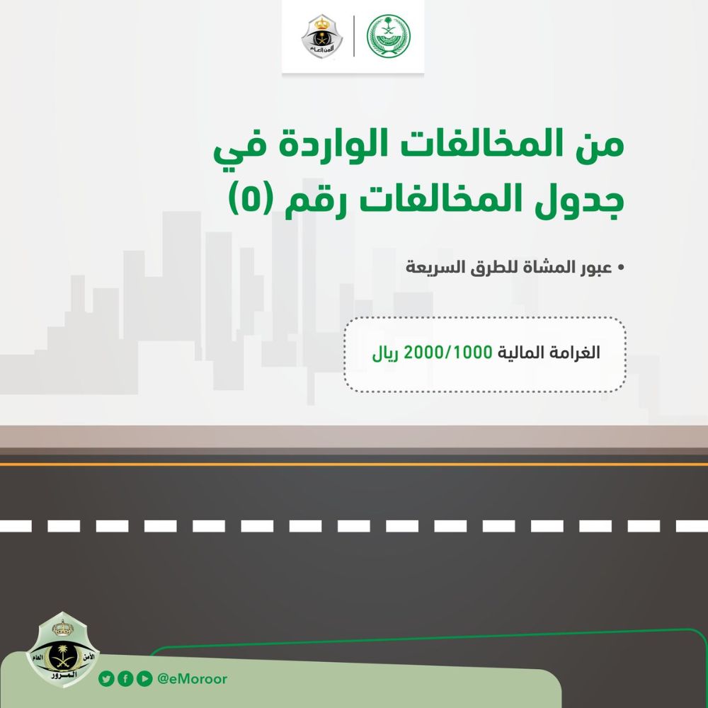 غرامة تصل لـ2,000 ريال.. عقوبة من يُخالف قوانين عبور الطريق من المشاة 2