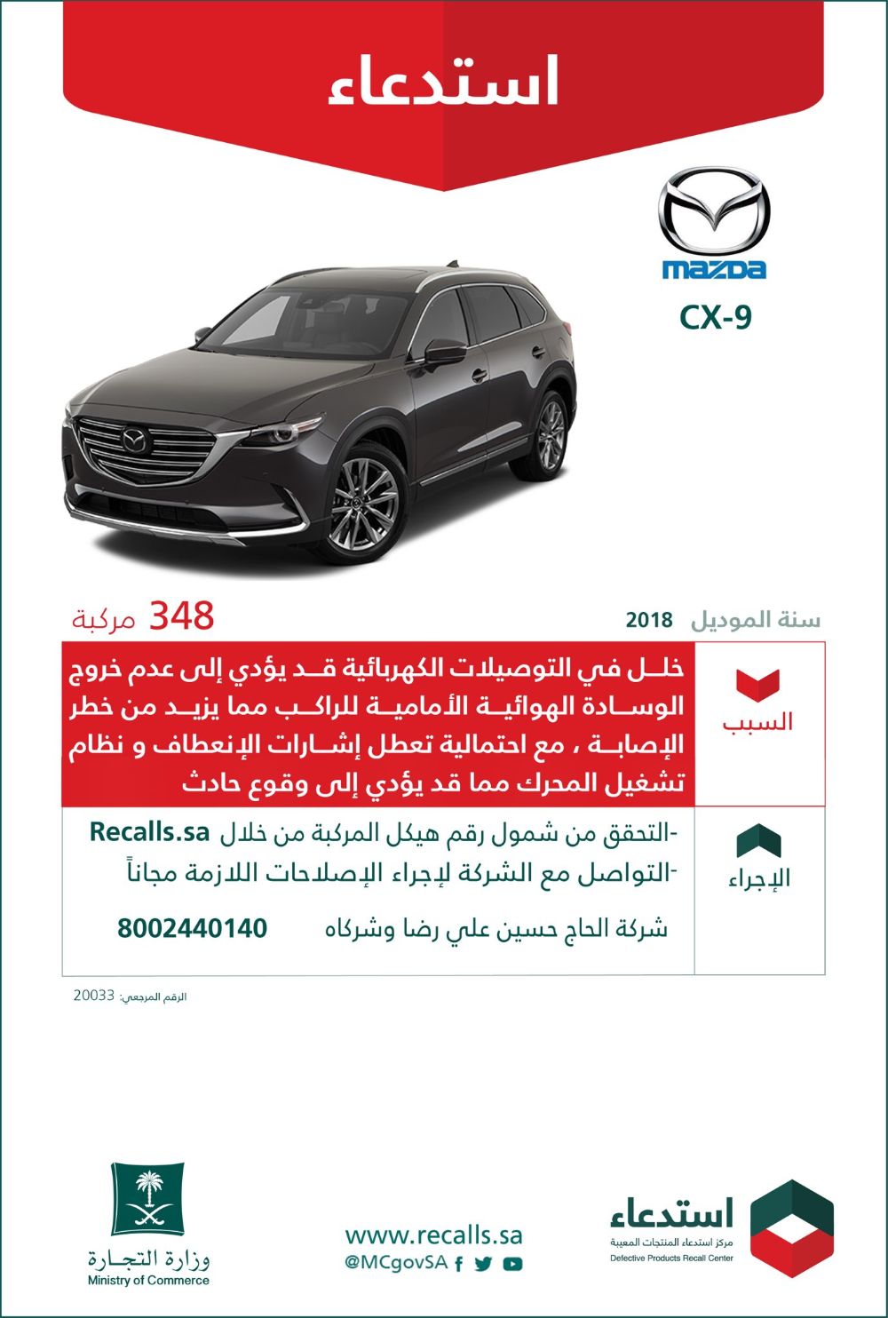 استدعاء 348 سيارة مازدا CX-9 لخلل في الوسادة الهوائية الأمامية 1