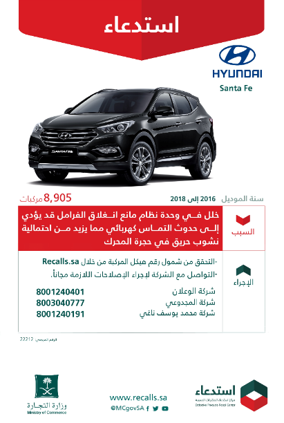 "التجارة" تستدعي 8,905 سيارة هيونداي "Santa Fe" لخلل في الفرامل 1