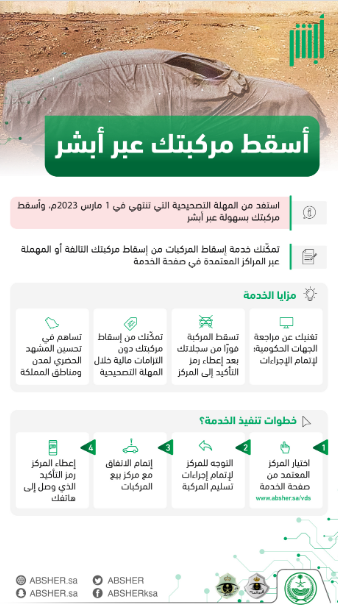 "أبشر" تذكر بموعد انتهاء مهلة الإسقاط المجاني للمركبات التالفة  2